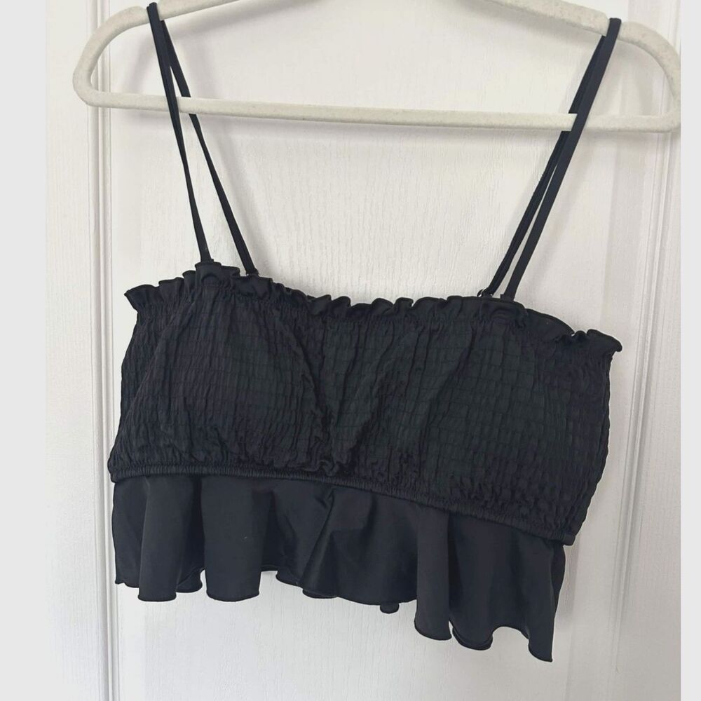 Cupshe Black Smocked Ruffle Bikini Top - Size M - Spaghetti Straps - Picture 2 of 4